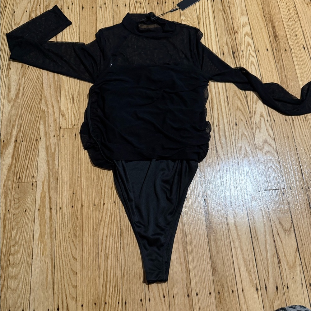 Black Sheer Long Sleeve Bodysuit dress with mock neck. Sheer top/lined bodice.